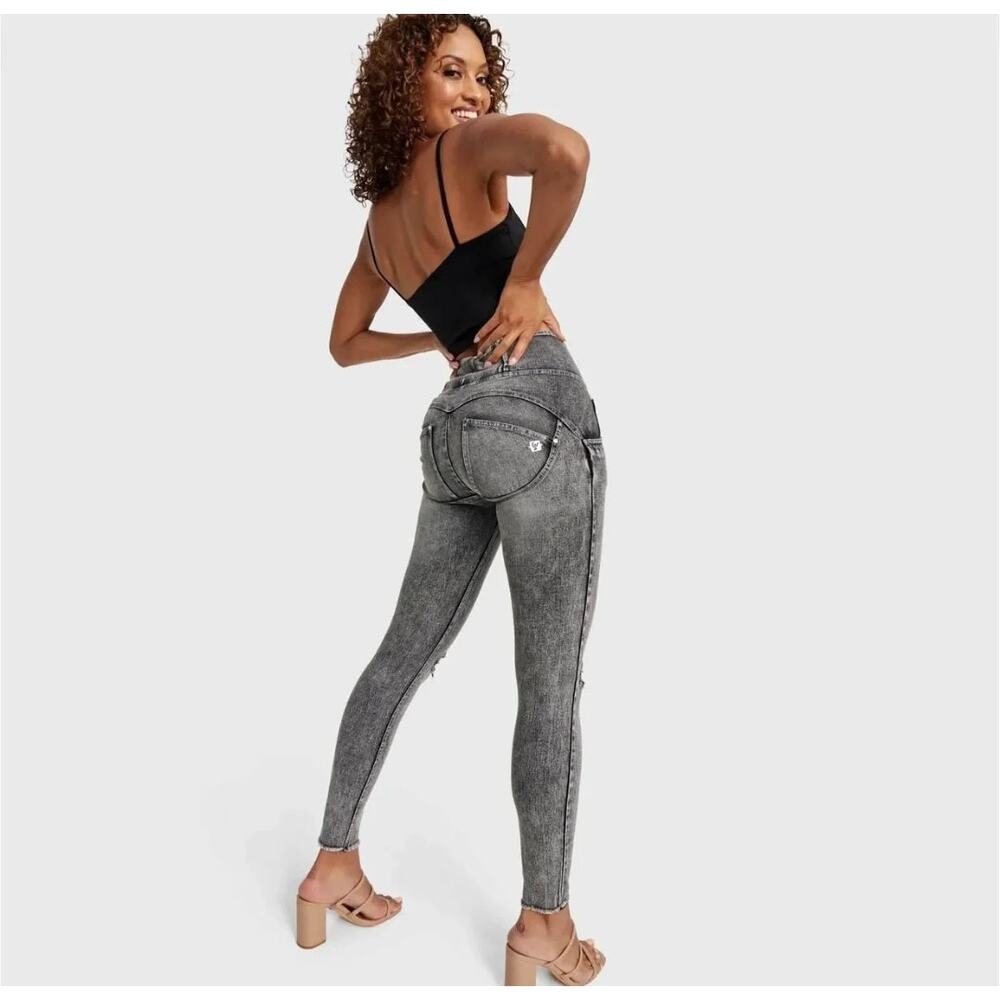 Freddy WR.UP Snug High Waisted Ripped Jeans Grey Stonewash Zip Front XS Edgy
